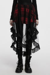 Black/Red Ruffle Stitching Mesh Plaid High/low Women's Gothic Skirt